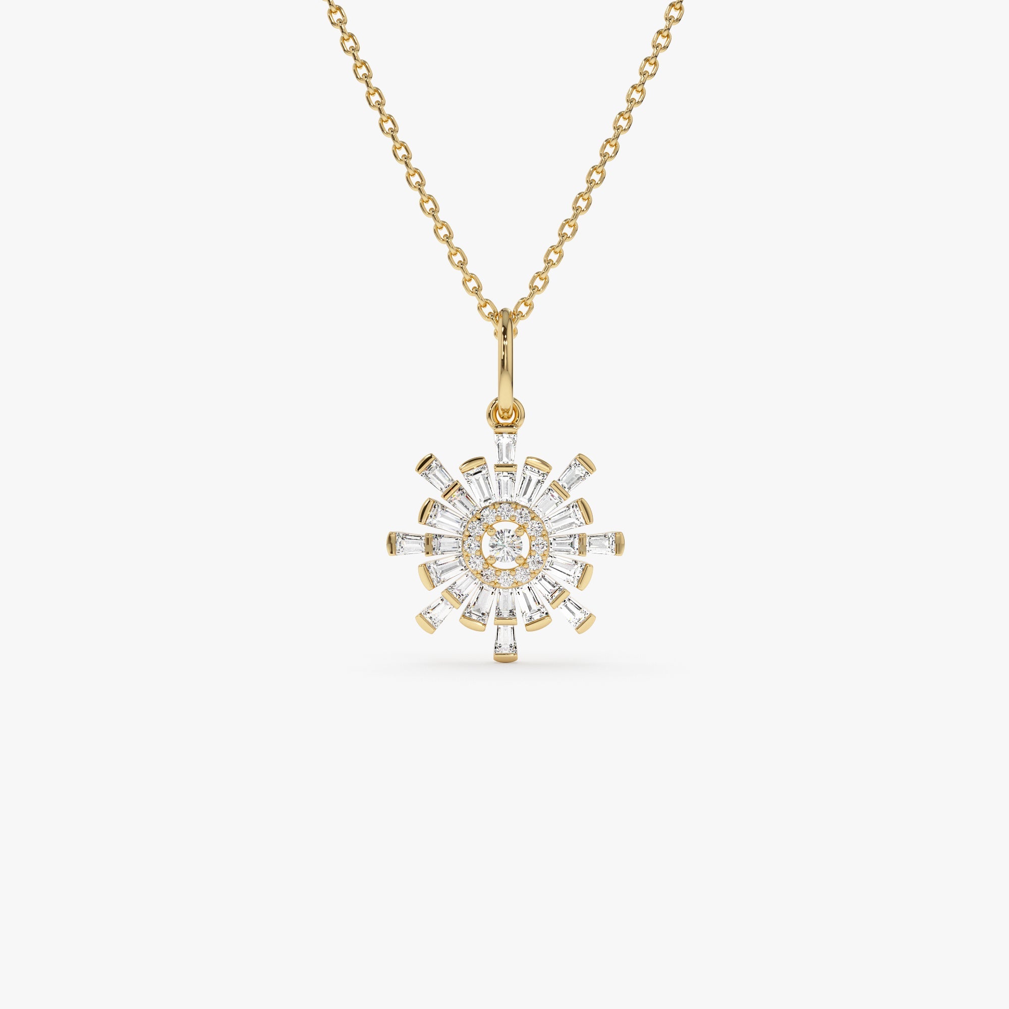 OBFJ0662 - 14k Baguette Diamond Sunburst Necklace 1