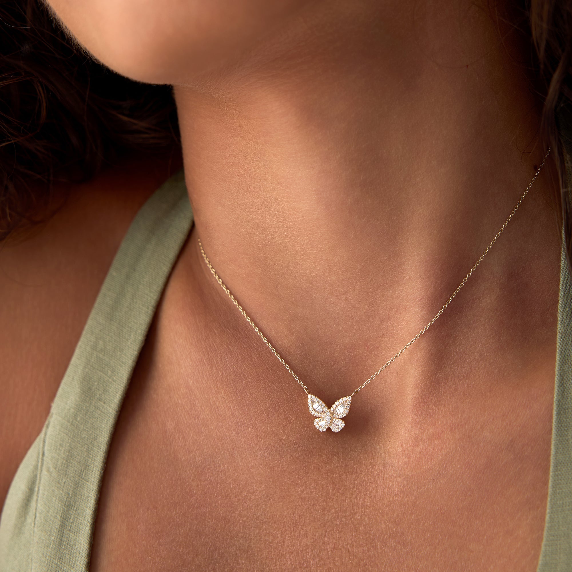 OBFJ0660 - 14k Baguette Diamond Butterfly Necklace 4