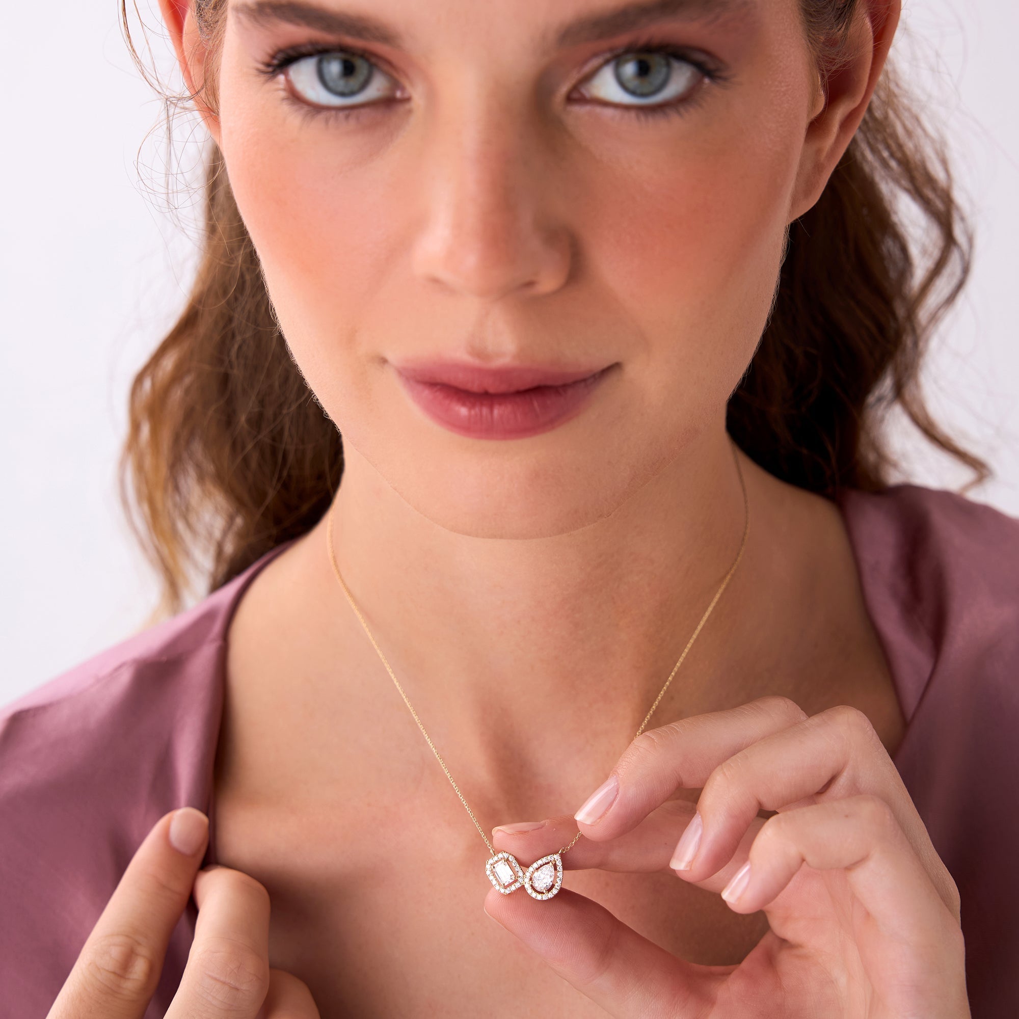 OBFJ0559 - 1.55 ctw Lab Grown Pear & Emerald Cut Toi et Moir Halo Setting Necklace - Sanaa 2