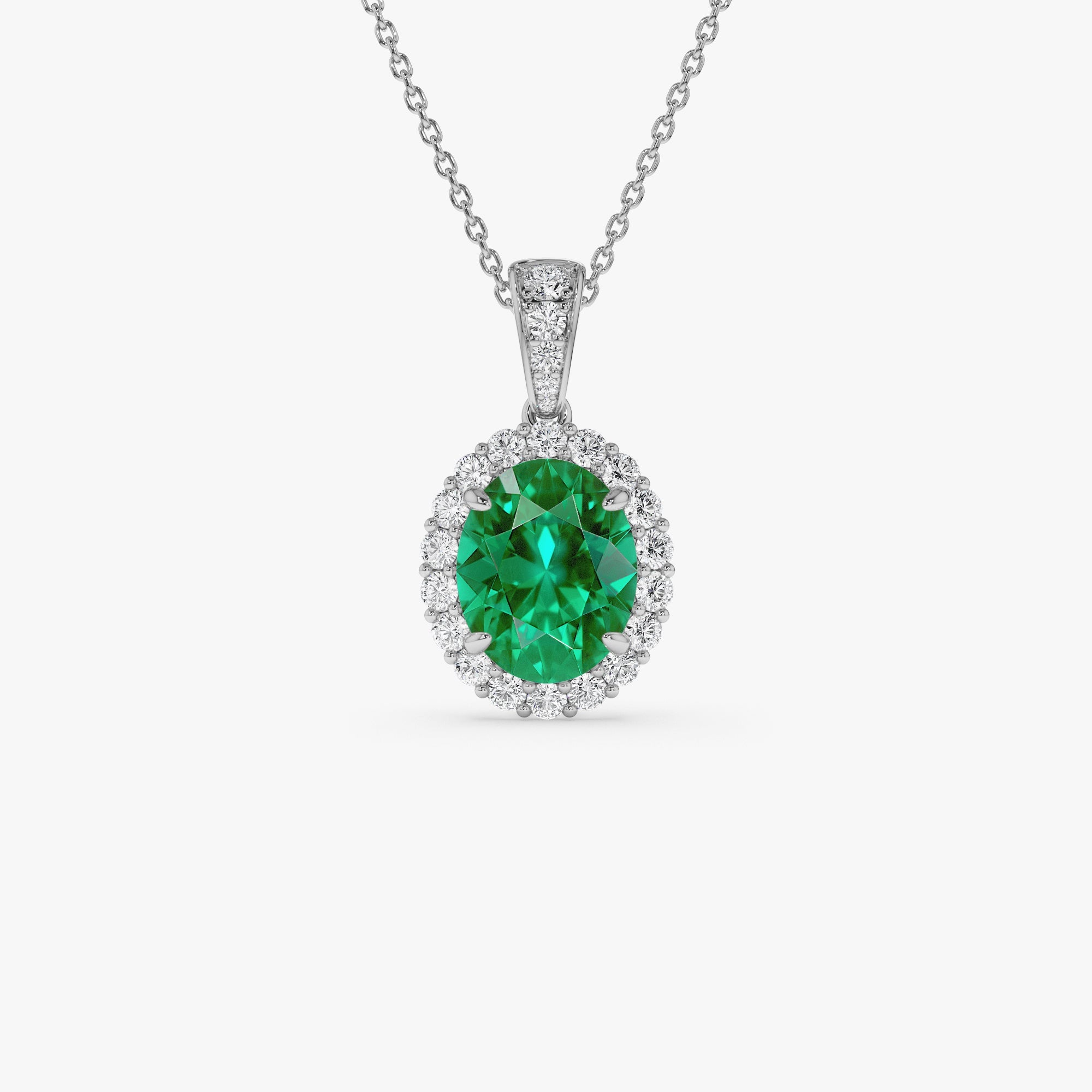 OBFJ0371 - 3.60 Ctw 14k Lab Grown Colombian Emerald and Diamond Halo Pendant Necklace - Aura 7