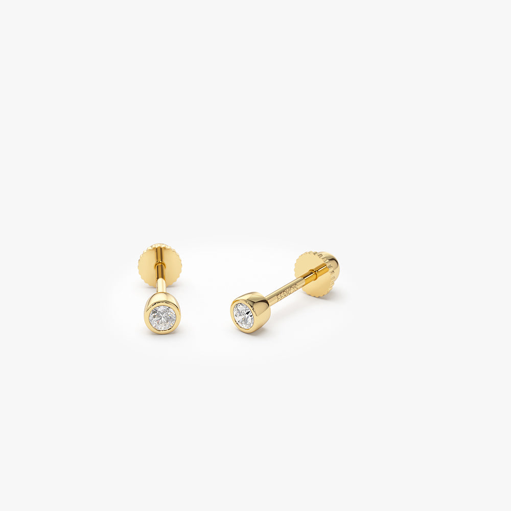 OBFJ2206 - Bezel Setting Diamond Stud Piercing earrings in selectable metal and diamond options - Roselle Jewelry view 1