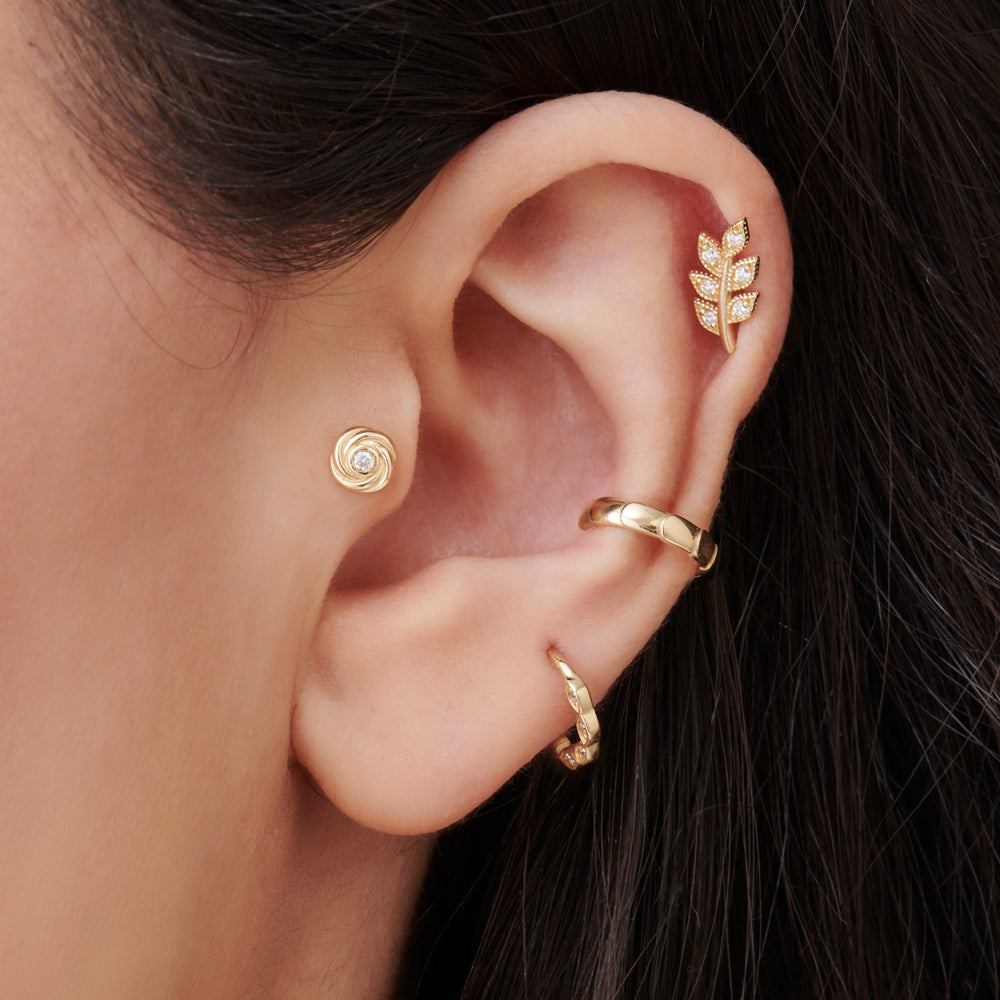 OBFJ2217 - Leaf Diamond Helix Piercing earrings in selectable metal and diamond options - Roselle Jewelry view 2