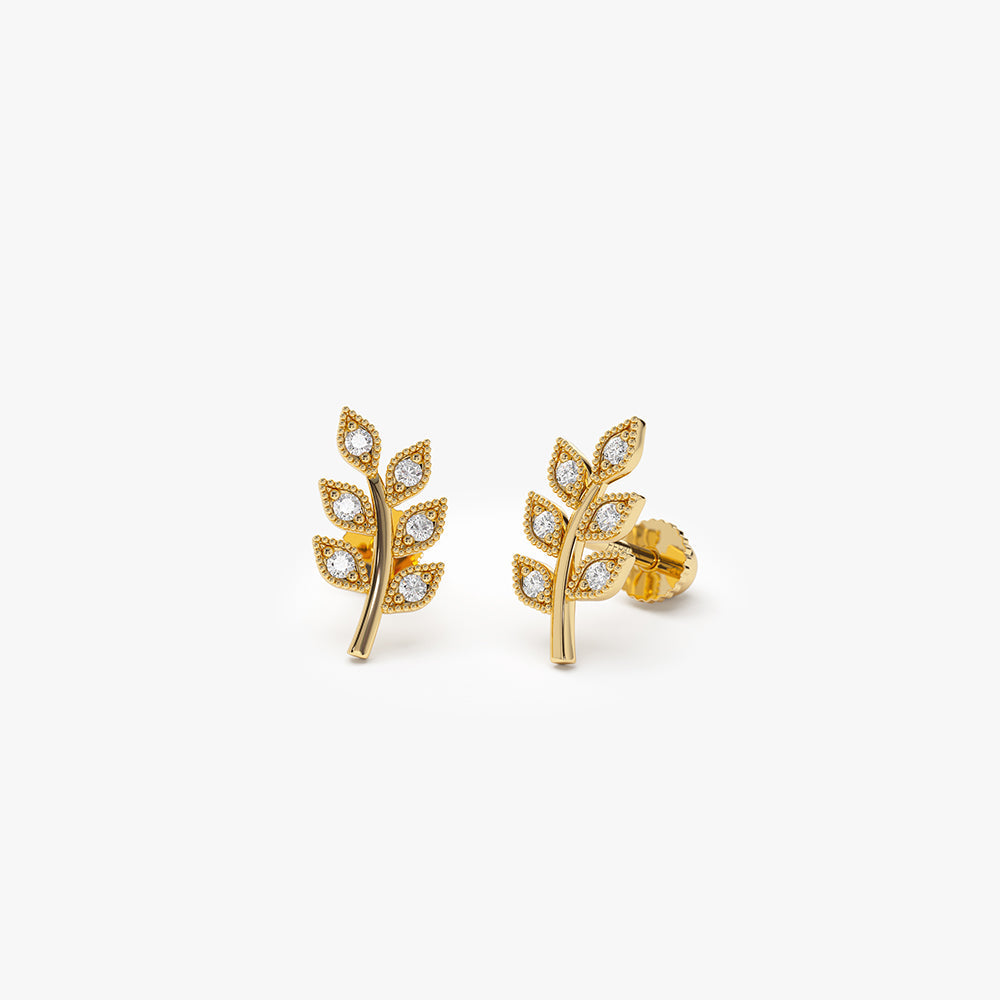 OBFJ2217 - Leaf Diamond Helix Piercing earrings in selectable metal and diamond options - Roselle Jewelry view 5