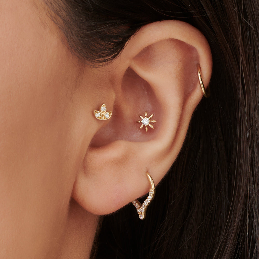 OBFJ2219 - Leaf Petal Diamond Helix Piercing earrings in selectable metal and diamond options - Roselle Jewelry view 2