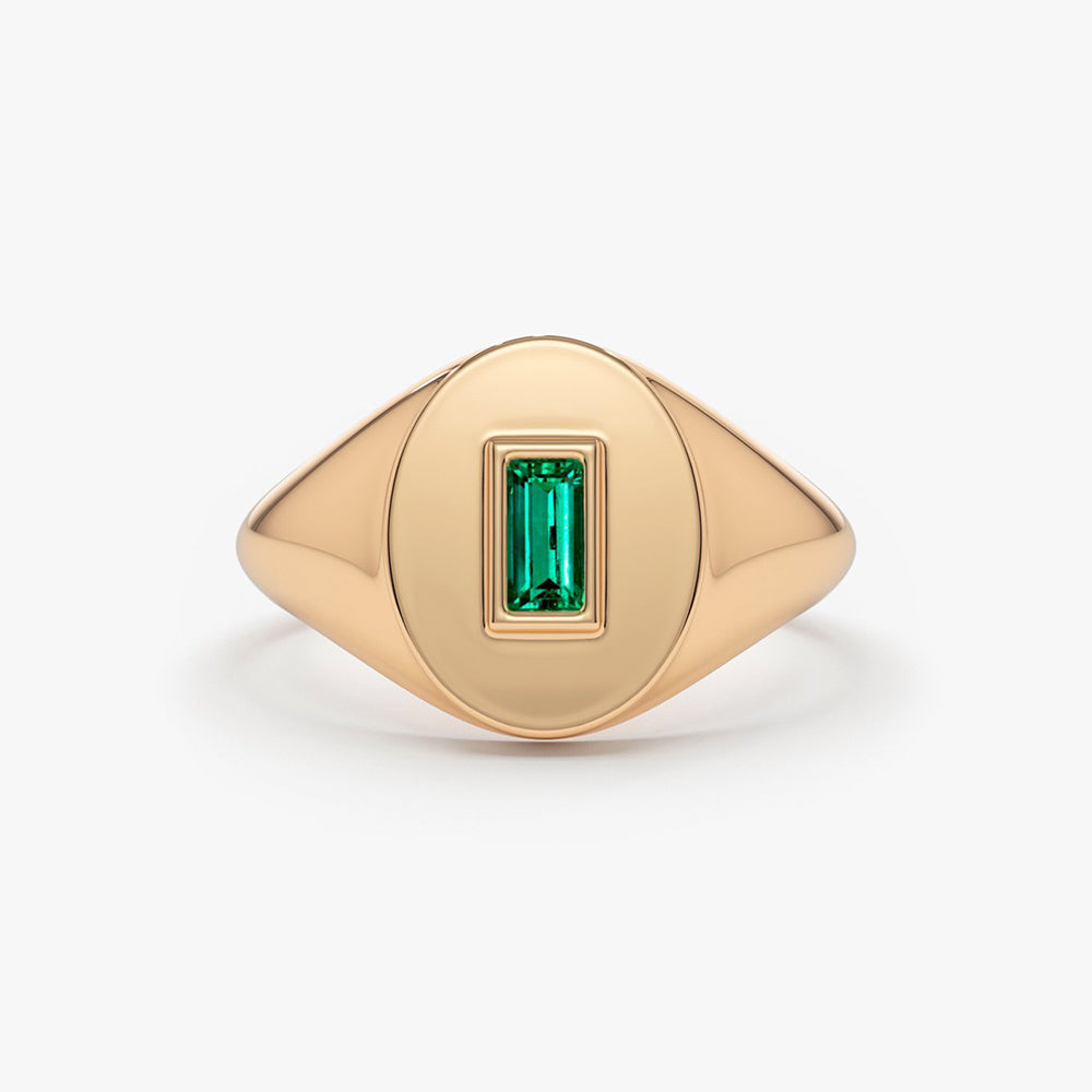 OBFJ1654 - 14k Gold Baguette Emerald Signet Ring 6