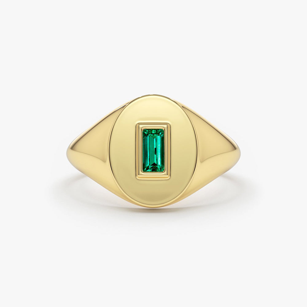 OBFJ1654 - 14k Gold Baguette Emerald Signet Ring 1