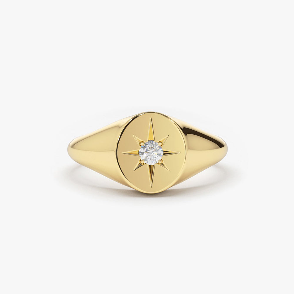 OBFJ1633 - 14K Gold Starburst Diamond Signet Ring 1