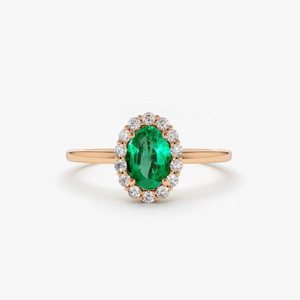 OBFJ1690 - 14K Gold Oval Cut Emerald Halo Diamond Ring 5