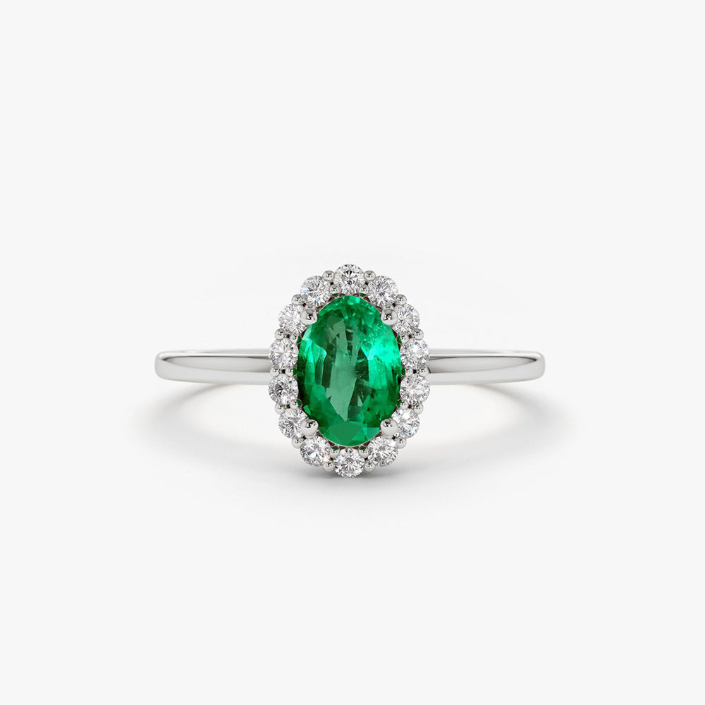 OBFJ1690 - 14K Gold Oval Cut Emerald Halo Diamond Ring 6
