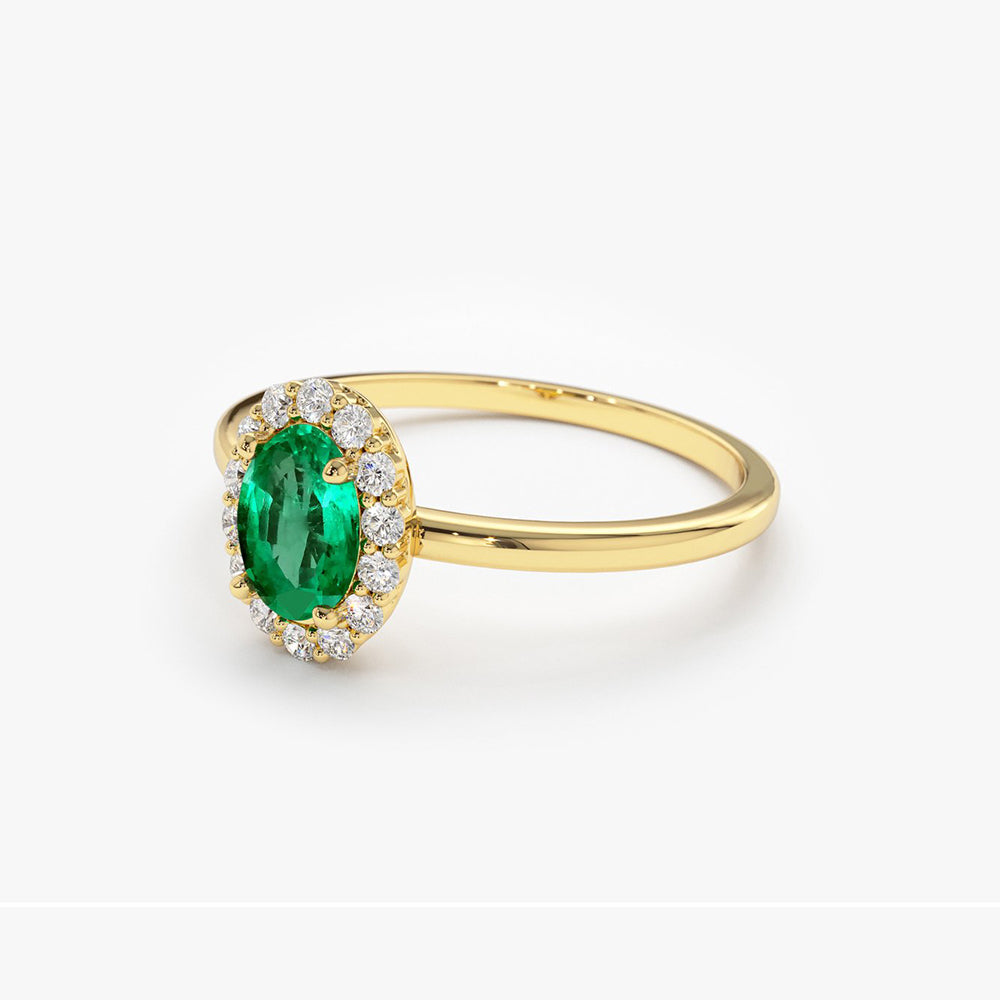 OBFJ1690 - 14K Gold Oval Cut Emerald Halo Diamond Ring 7
