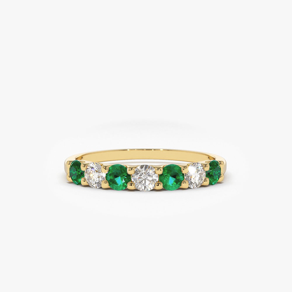 OBFJ1684 - 14K Gold Alternating Emerald and Diamond Wedding Band 1
