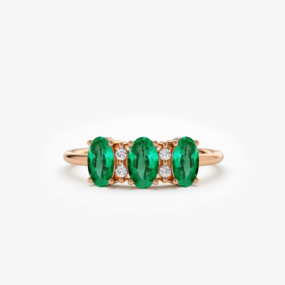 OBFJ1704 - 14k Triple Oval Emerald Diamond Ring 5