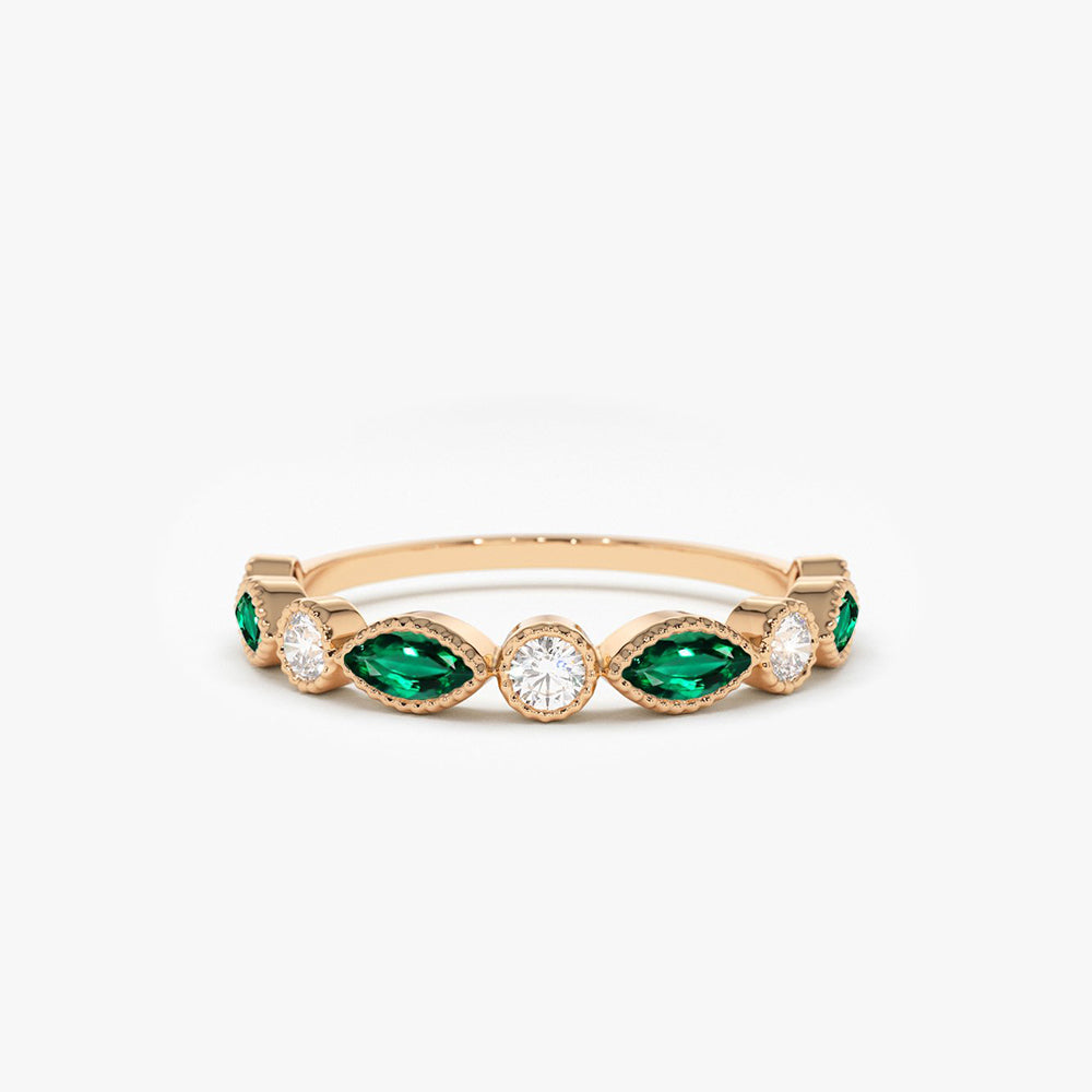 OBFJ1705 - 14k Marquise Emerald and Diamond Wedding Band 5