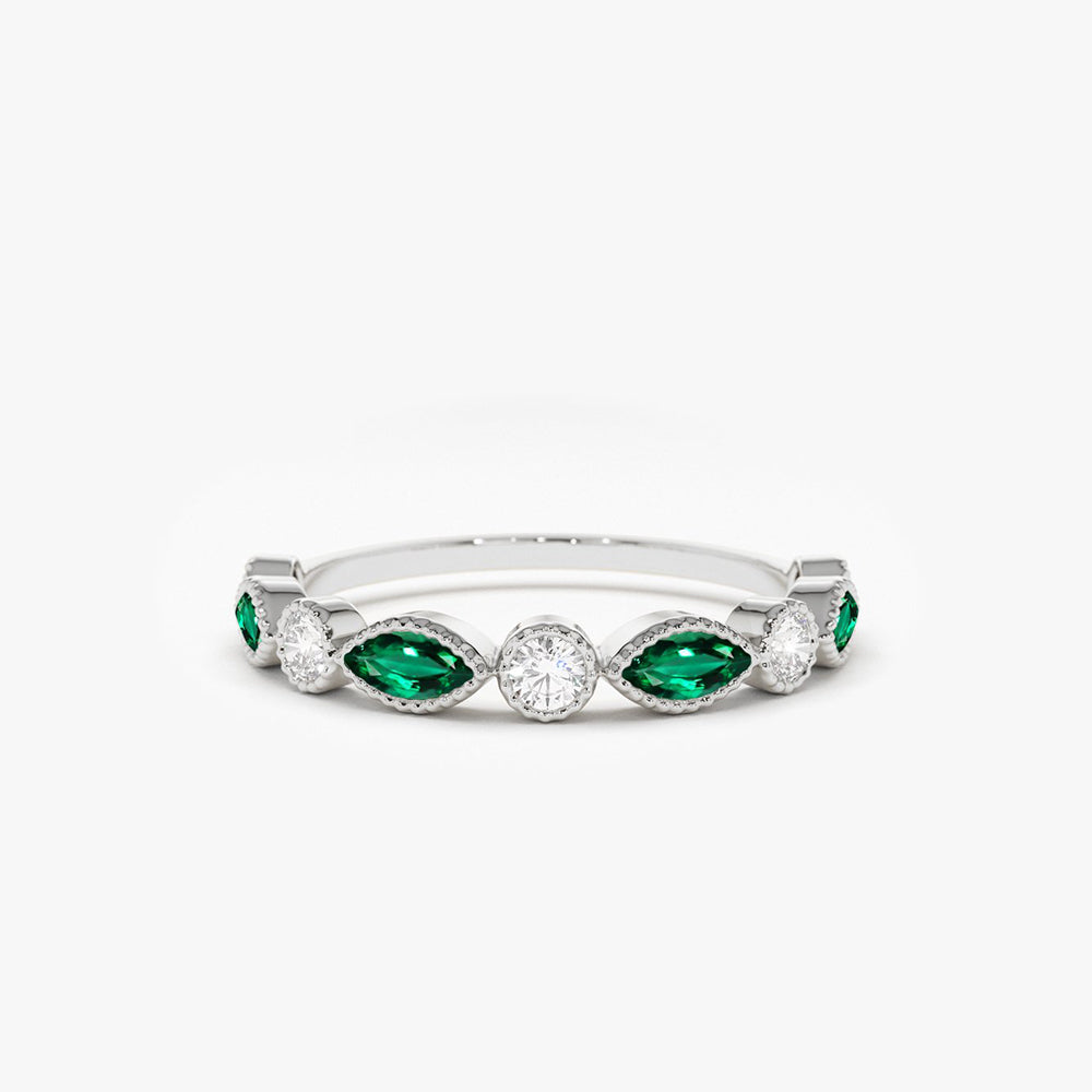 OBFJ1705 - 14k Marquise Emerald and Diamond Wedding Band 6