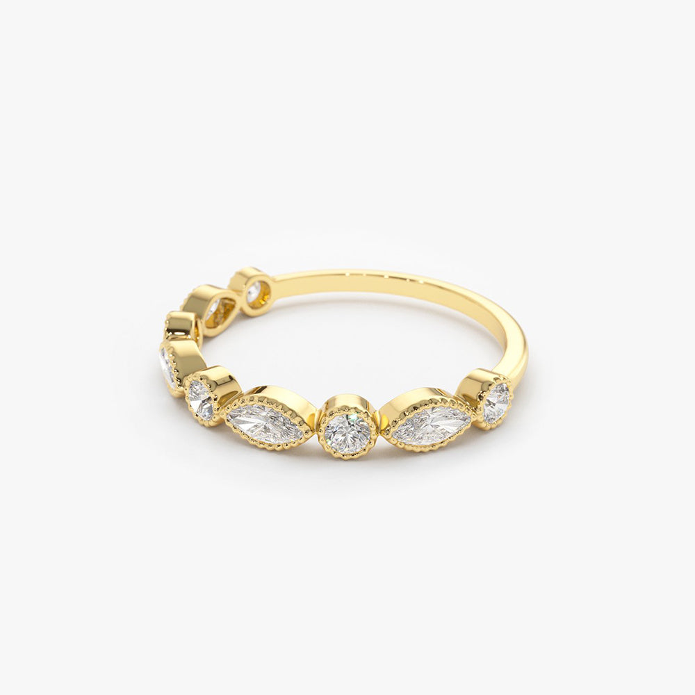 OBFJ1811 - 14K Marquise and Round Diamond Milgrain Bezel Setting Ring 7
