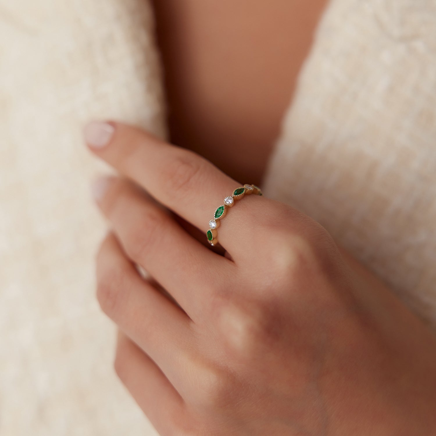 OBFJ1705 - 14k Marquise Emerald and Diamond Wedding Band 2
