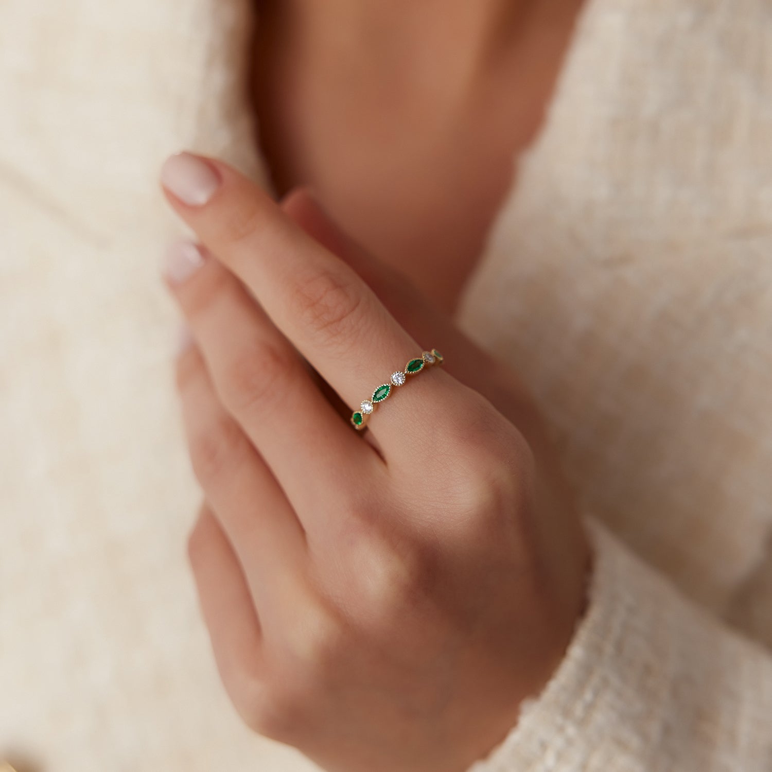 OBFJ1705 - 14k Marquise Emerald and Diamond Wedding Band 4