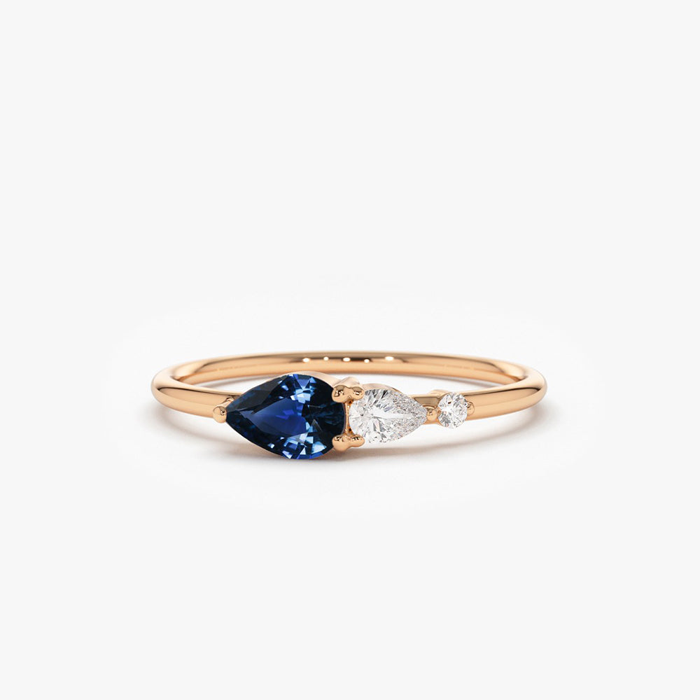 OBFJ1750 - 14k Gold Pear Shape Natural Sapphire with Pear Shape Diamond Ring 3