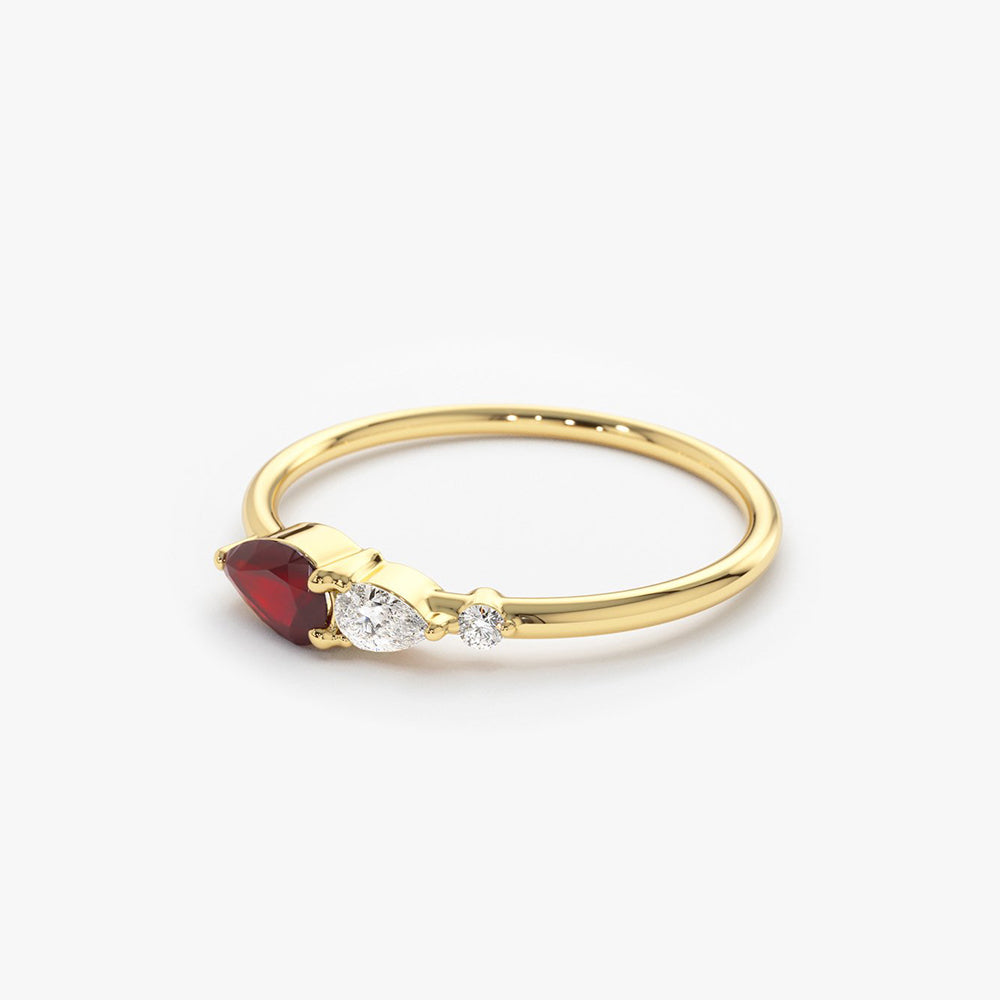 OBFJ1751 - 14K Gold Pear Shape Natural Ruby with Pear Shape Diamond Ring 6