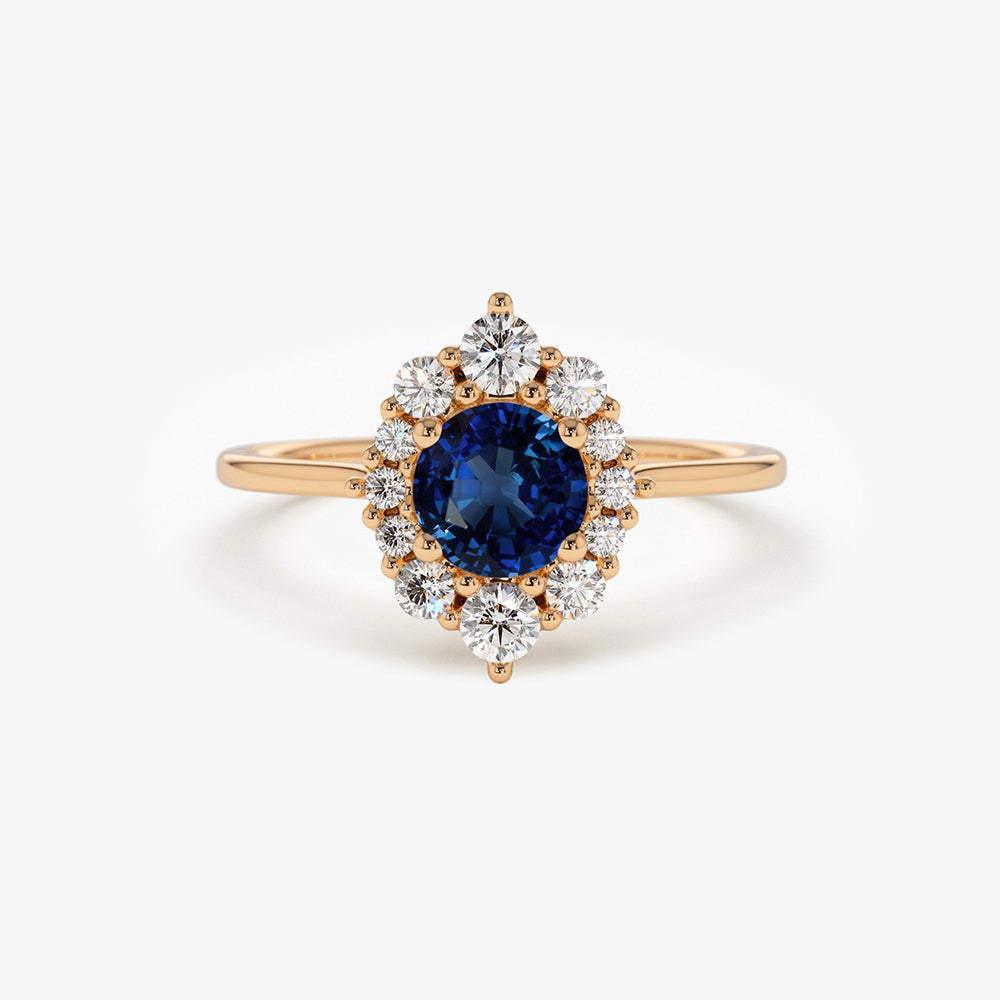 OBFJ1764 - 14k Round Sapphire Halo Diamond Engagement Ring 5
