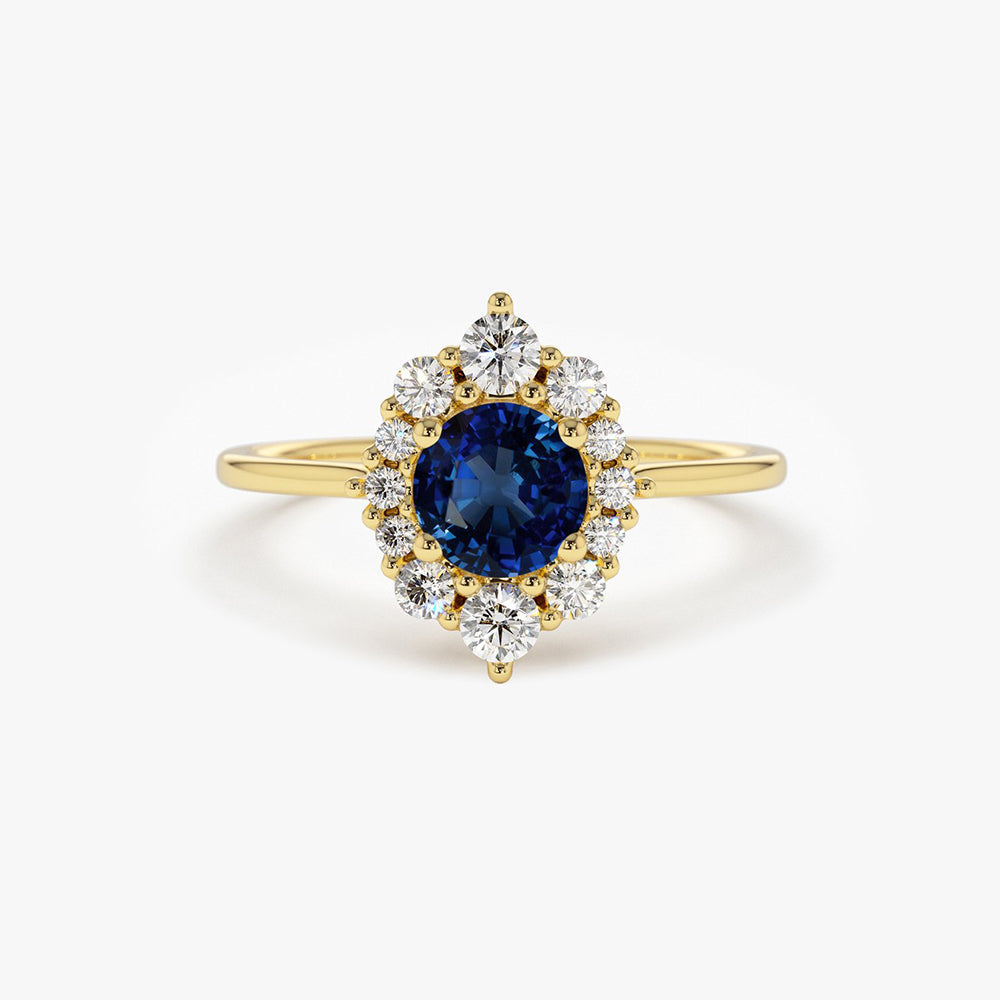 OBFJ1764 - 14k Round Sapphire Halo Diamond Engagement Ring 1
