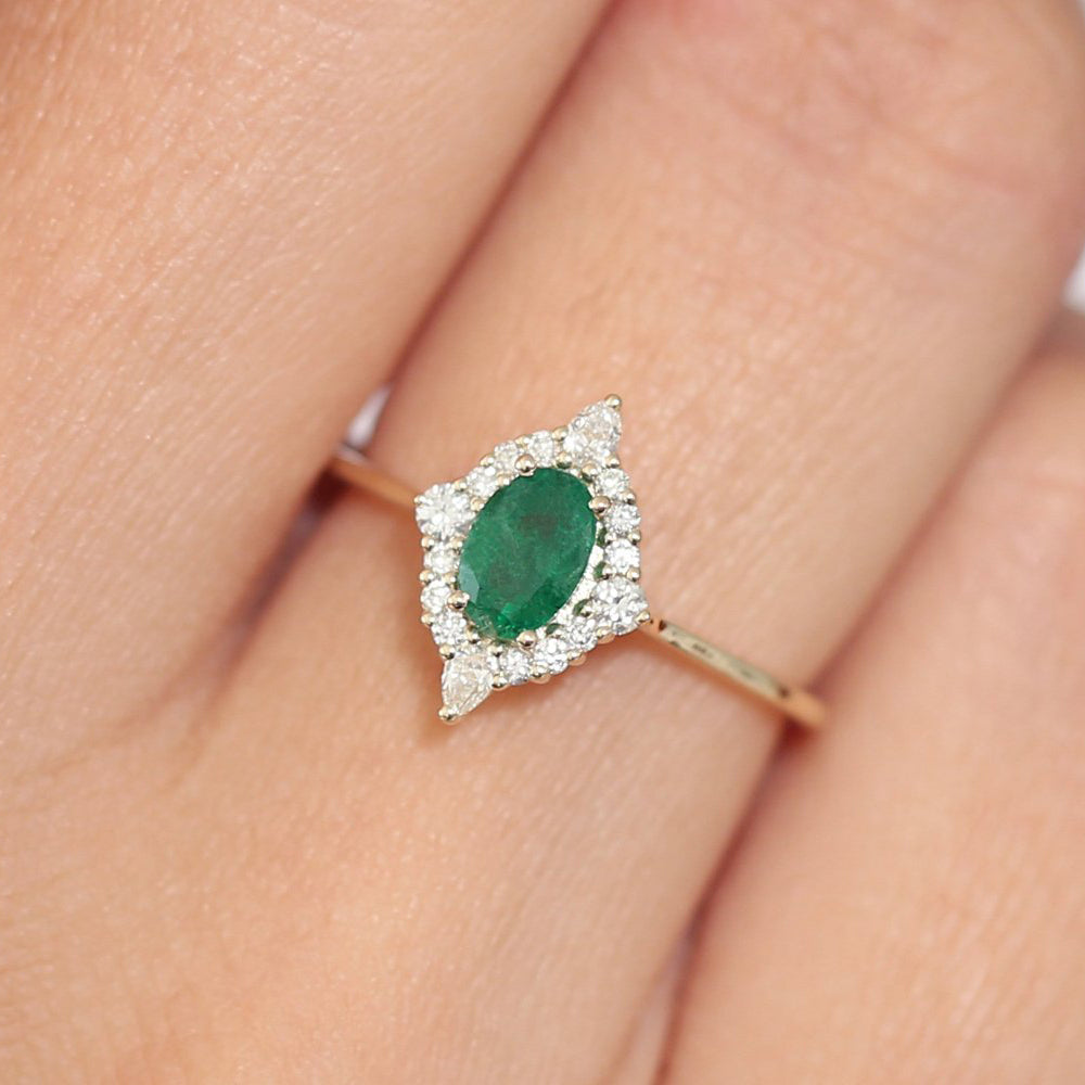 OBFJ1813 - 14k Oval Emerald and Diamond Bellarina Ring 3