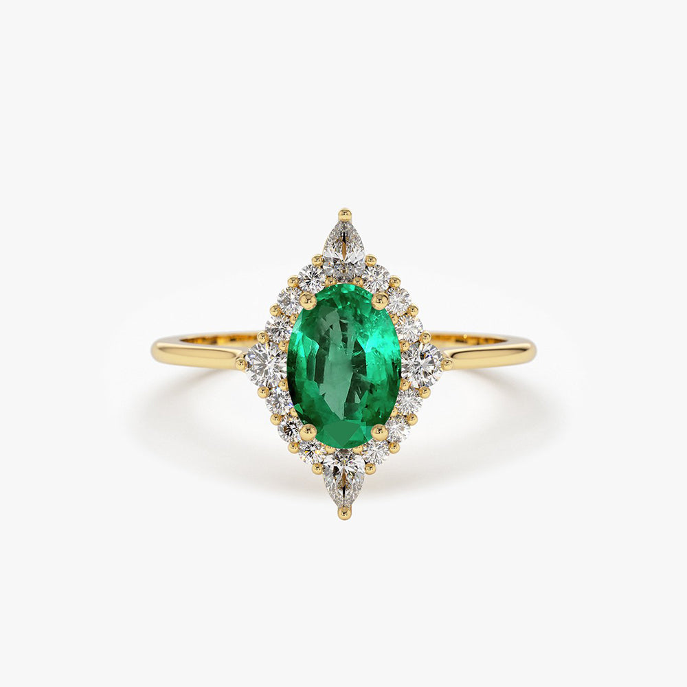 OBFJ1813 - 14k Oval Emerald and Diamond Bellarina Ring 1