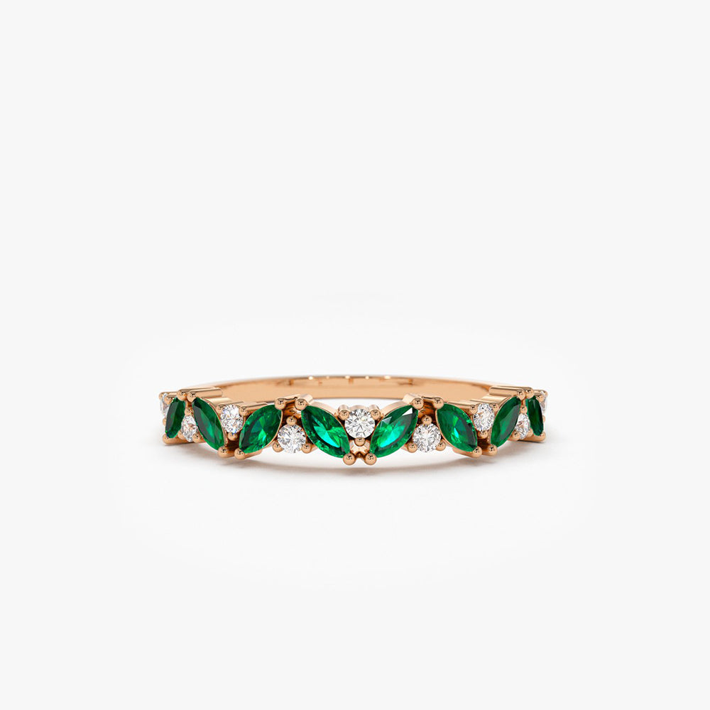 OBFJ1789 - 14k Slanted Emerald and Round Diamond Ring 4