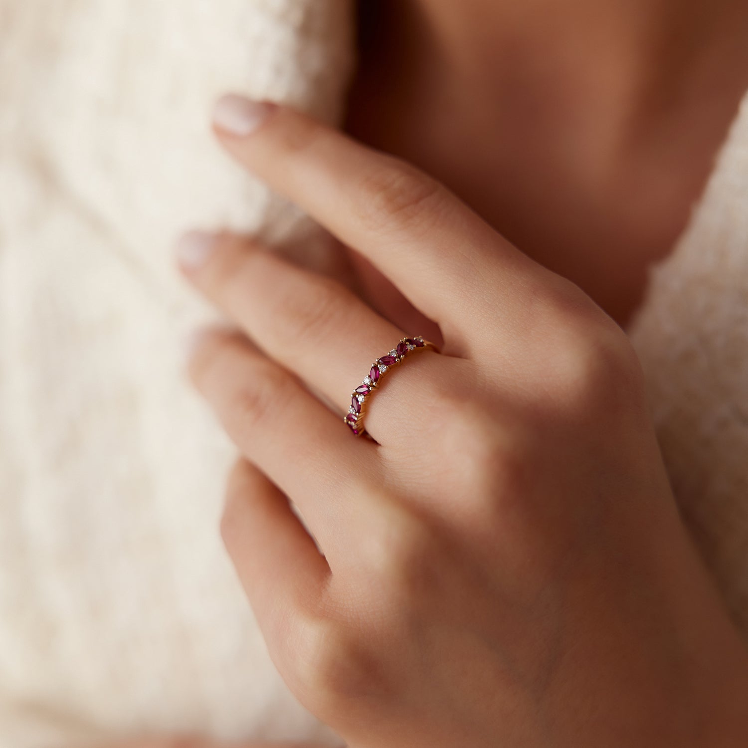 OBFJ1788 - 14k Slanted Ruby and Round Diamond Ring 2