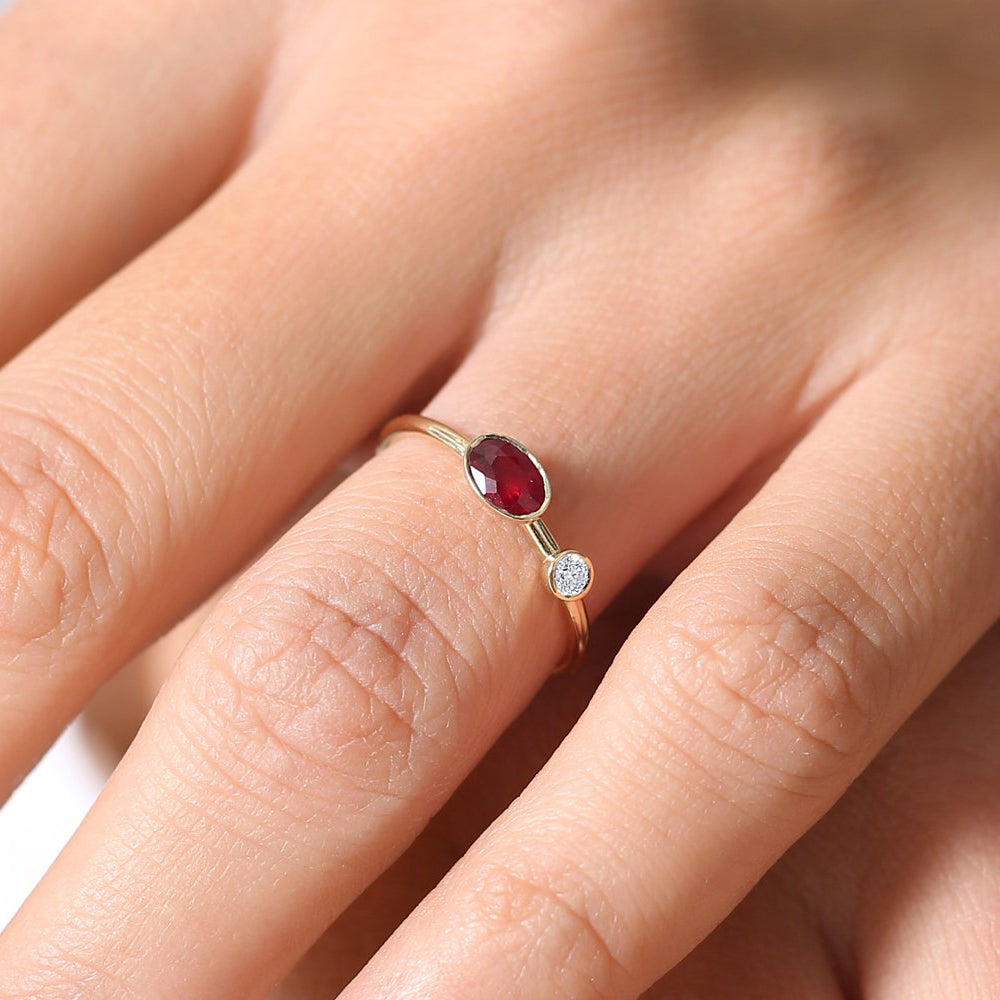 OBFJ1770 - 14k Oval Shape Bezel Setting Ruby and Diamond Ring 2