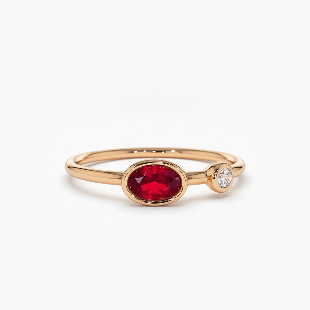 OBFJ1770 - 14k Oval Shape Bezel Setting Ruby and Diamond Ring 6