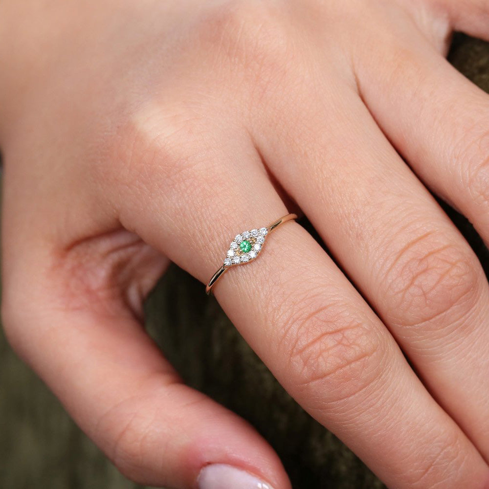 OBFJ1840 - 14K Diamond and Emerald Evil Eye Ring 2