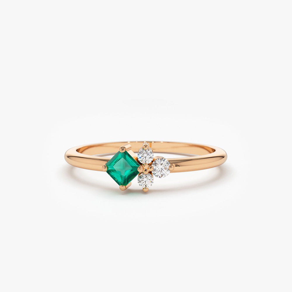 OBFJ1839 - 14K Dainty Princess Cut Emerald and Diamond Ring 4