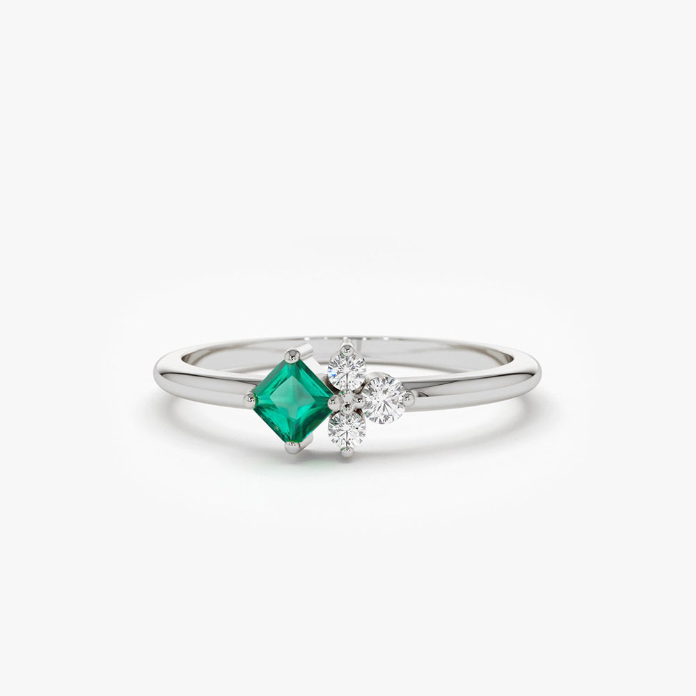 OBFJ1839 - 14K Dainty Princess Cut Emerald and Diamond Ring 5