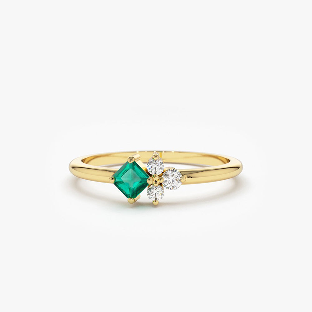 OBFJ1839 - 14K Dainty Princess Cut Emerald and Diamond Ring 1