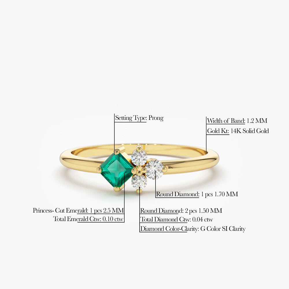 OBFJ1839 - 14K Dainty Princess Cut Emerald and Diamond Ring 6