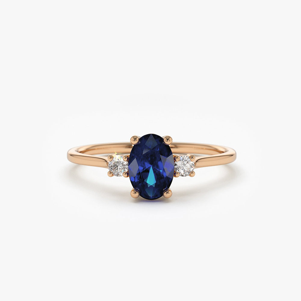 OBFJ1868 - 14k Oval Shape Sapphire and Diamond 3 Stone Ring 3