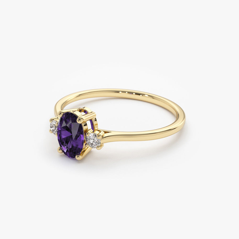 OBFJ2017 - 14K Gold Oval Shape Amethyst and Diamond 3 Stone Ring 6