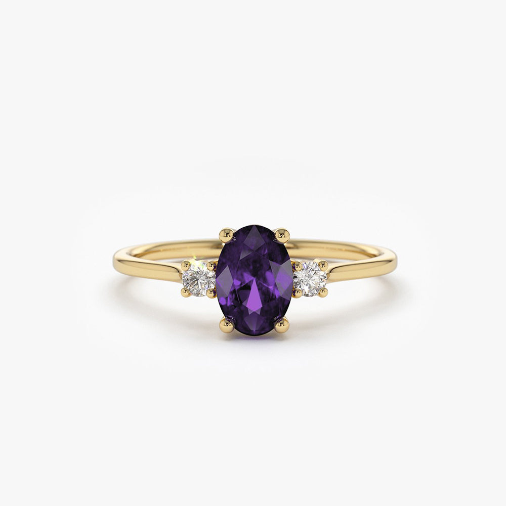 OBFJ2017 - 14K Gold Oval Shape Amethyst and Diamond 3 Stone Ring 1