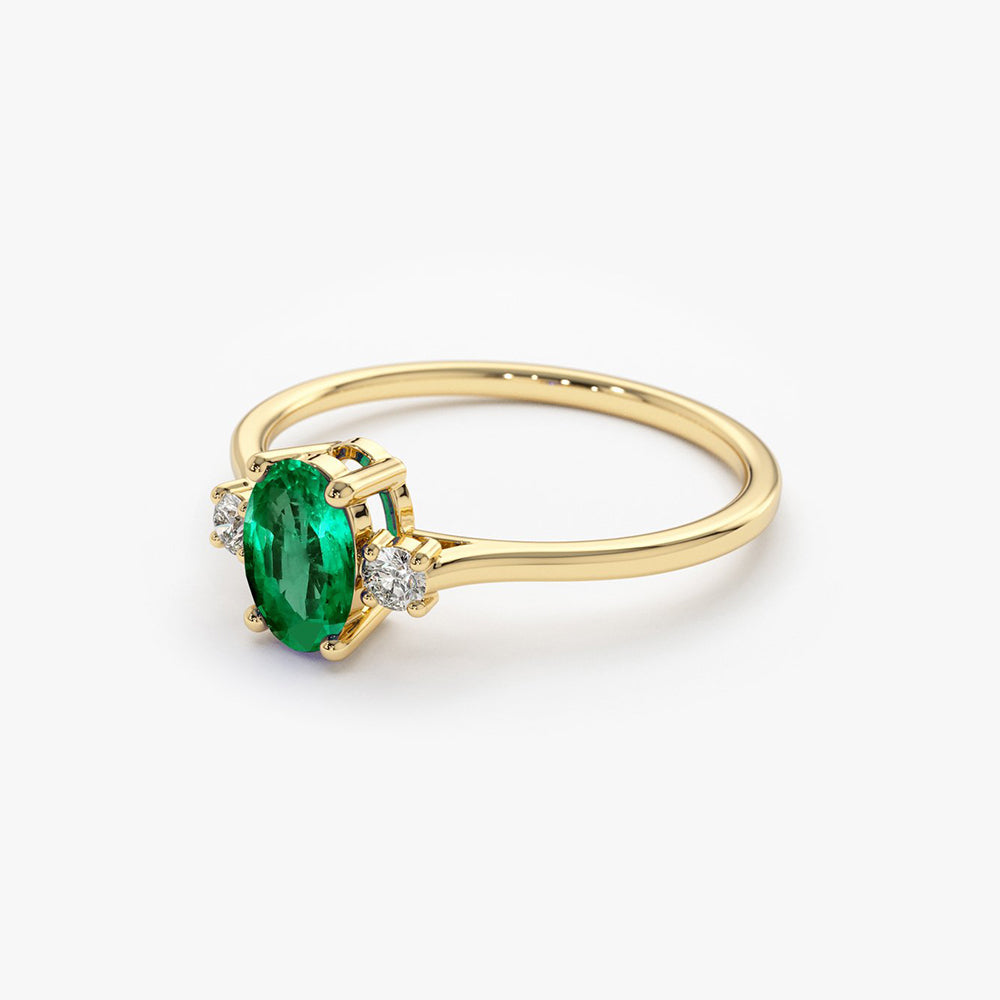 OBFJ1825 - 14k Oval Shape Emerald and Diamond 3 Stone Ring 6