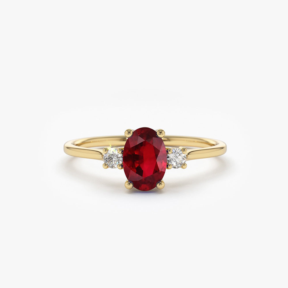OBFJ1824 - 14k Oval Shape Ruby and Diamond 3 Stone Ring 1