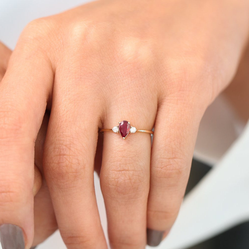 OBFJ1854 - 14K Pear Shape Ruby Ring with Diamonds 4