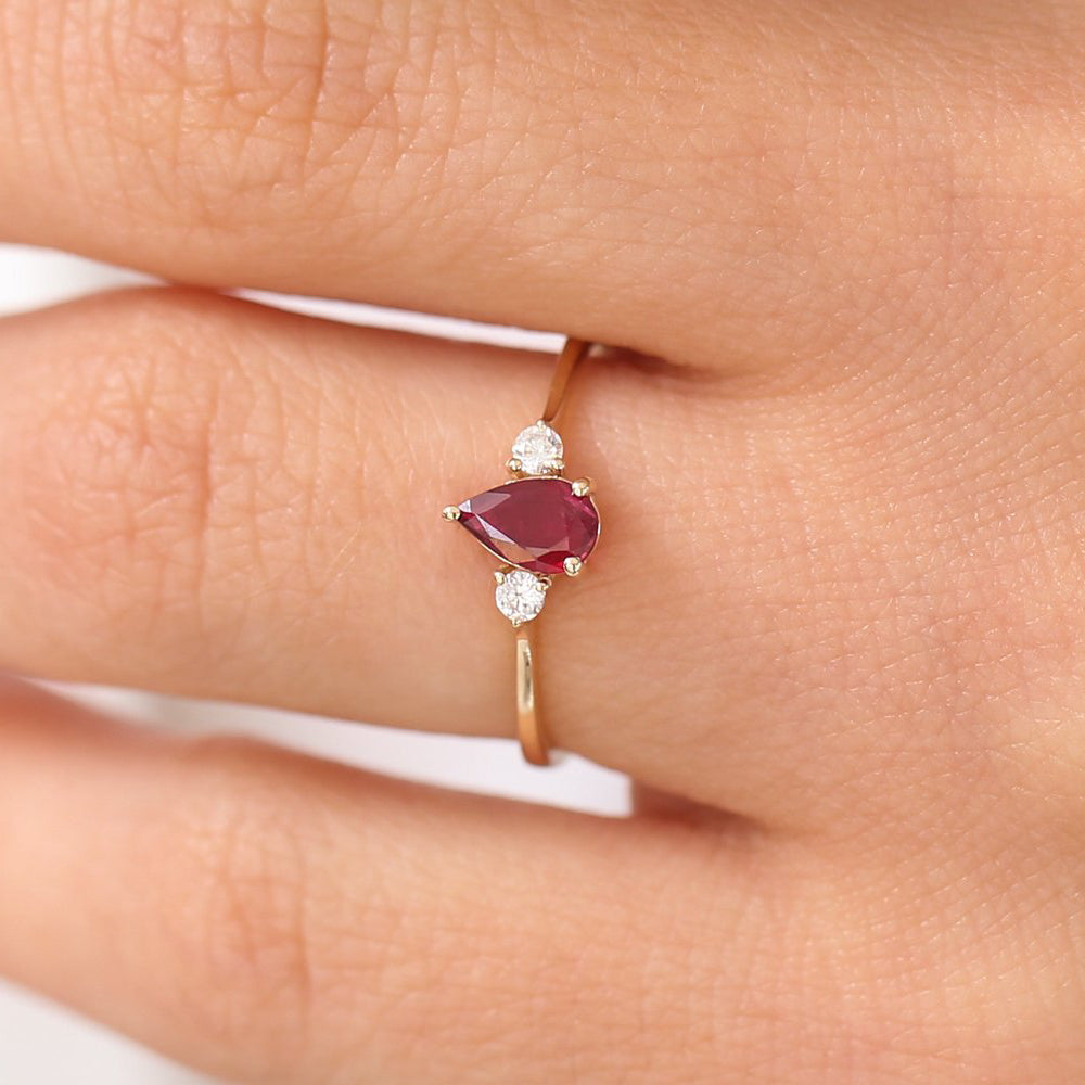 OBFJ1854 - 14K Pear Shape Ruby Ring with Diamonds 2