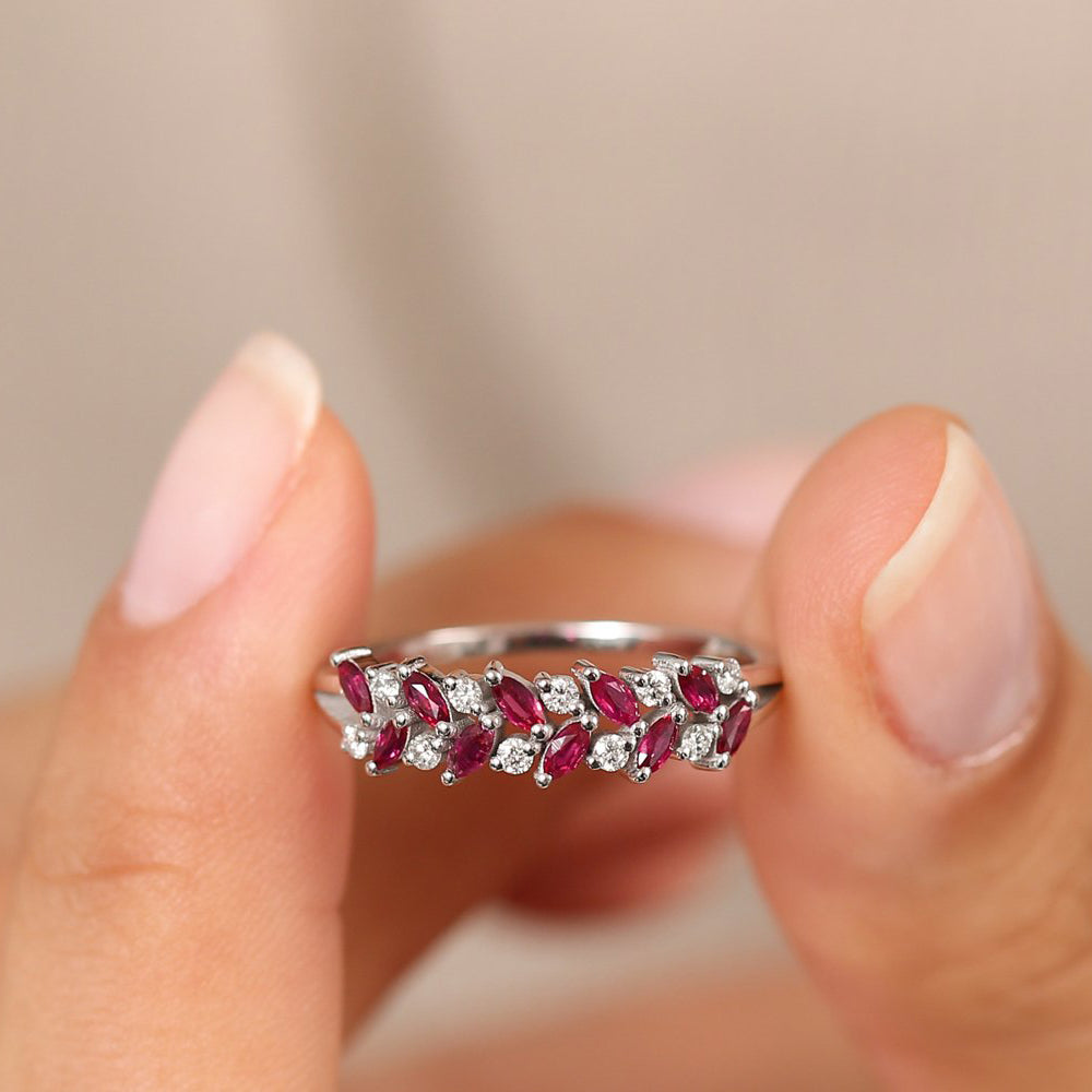 OBFJ1987 - 14k Two Rows Marquise Cut Natural Ruby  and Diamond Ring 2