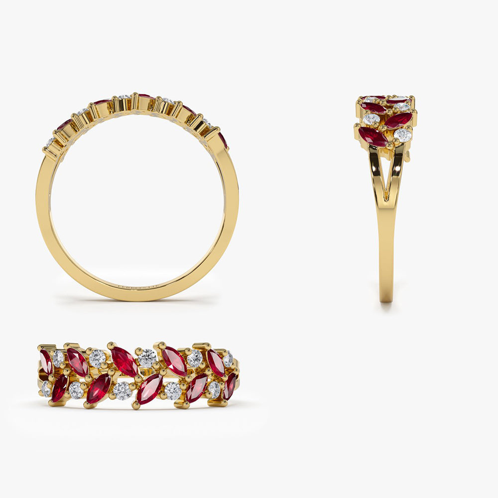 OBFJ1987 - 14k Two Rows Marquise Cut Natural Ruby  and Diamond Ring 8