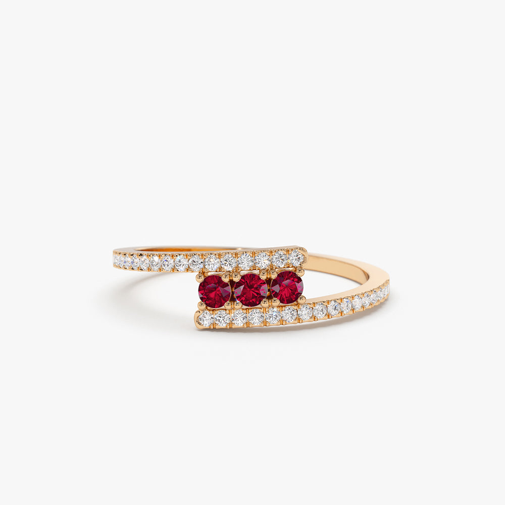 OBFJ2118 - 14k Cross Over Diamond Ring with Round Rubies 5