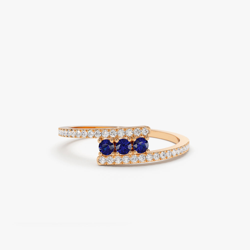 OBFJ2117 - 14k Cross Over Diamond Ring with Round Blue Sapphires 3