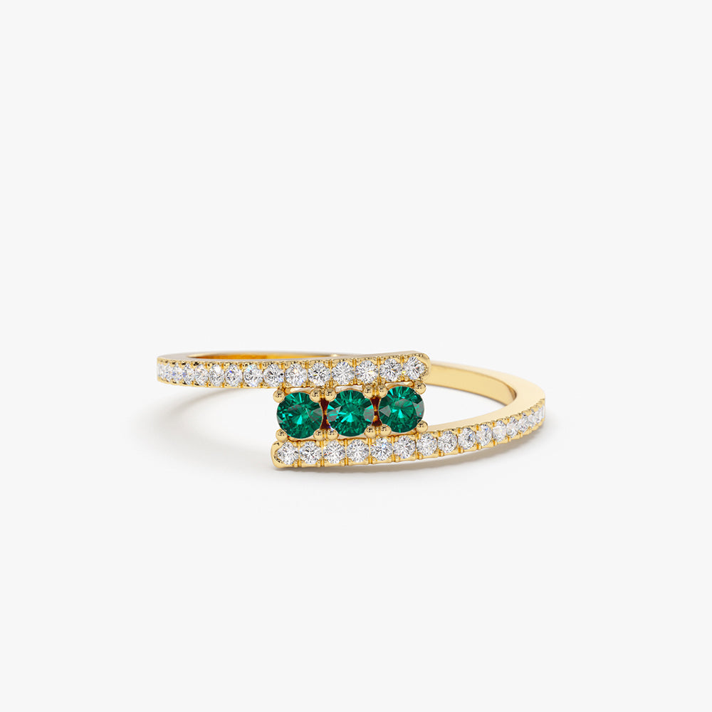 OBFJ2119 - 14k Cross Over Diamond Ring with Round Emeralds 1