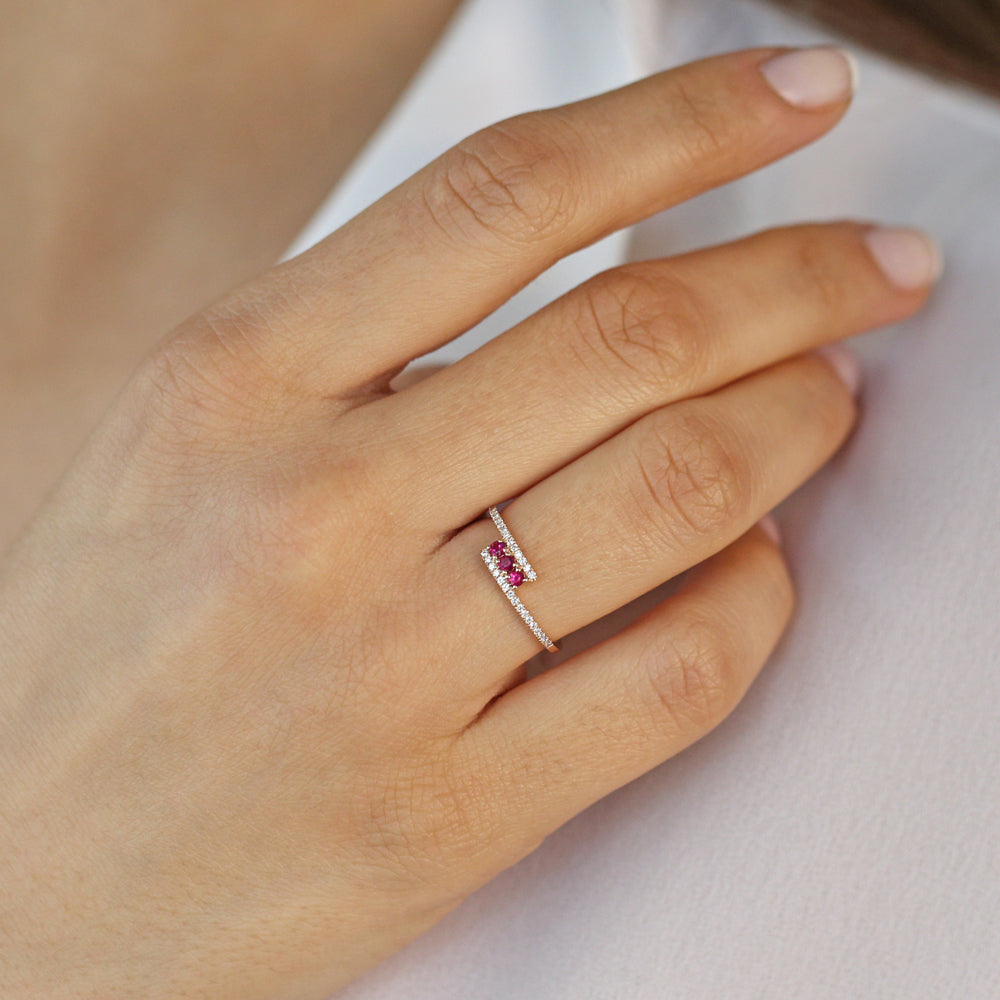 OBFJ2118 - 14k Cross Over Diamond Ring with Round Rubies 2
