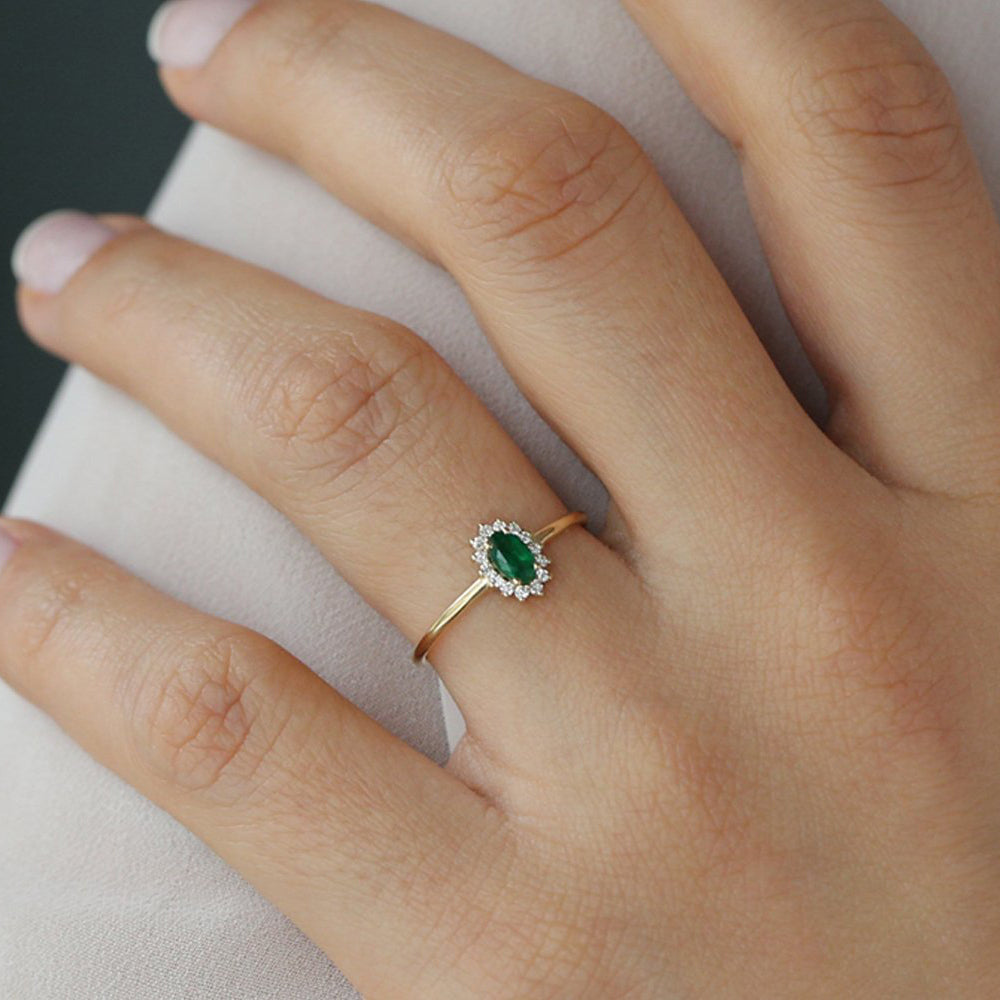 OBFJ2054 - 14k Emerald Ring with Halo Diamonds 2
